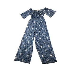 Earthbound Trading Co Indigo Tie Dye Wide Leg Jumpsuit Off Shoulder Smocked  M